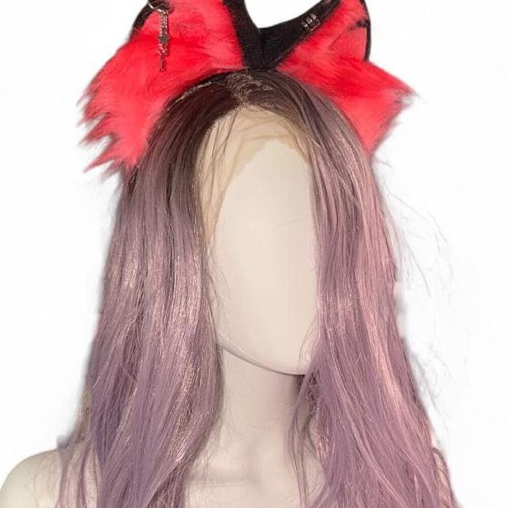 Fire! Black Red Orange Silver Stars Pierced Faux Fur Furry Cat Ears Headband - Picture 2 of 4